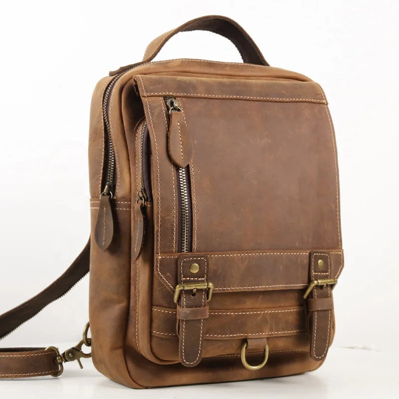 CHANGRONG Custom Crazy Horse Genuine Leather Sling Bag Backpack for Men Vintage Fashion Style