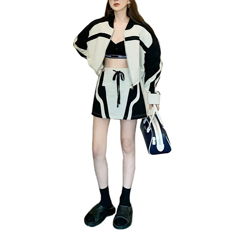 Custom Women's 2-Piece Stripe Sweatsuit Oversize Zip-up Collared Sweatshirt Skirt Set Casual Knitting for Lounge Tracksuit