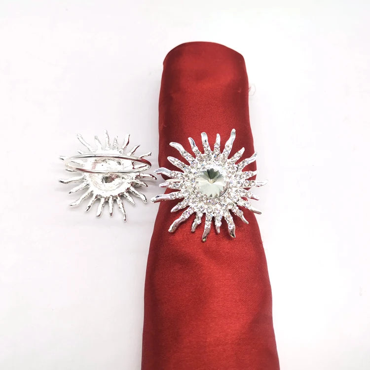 Hot Sale Cheap Rhinestone Sunflower Napkin Rings Sliver Plated Crystal Sun Shape Napkin Rings for Table Decoration