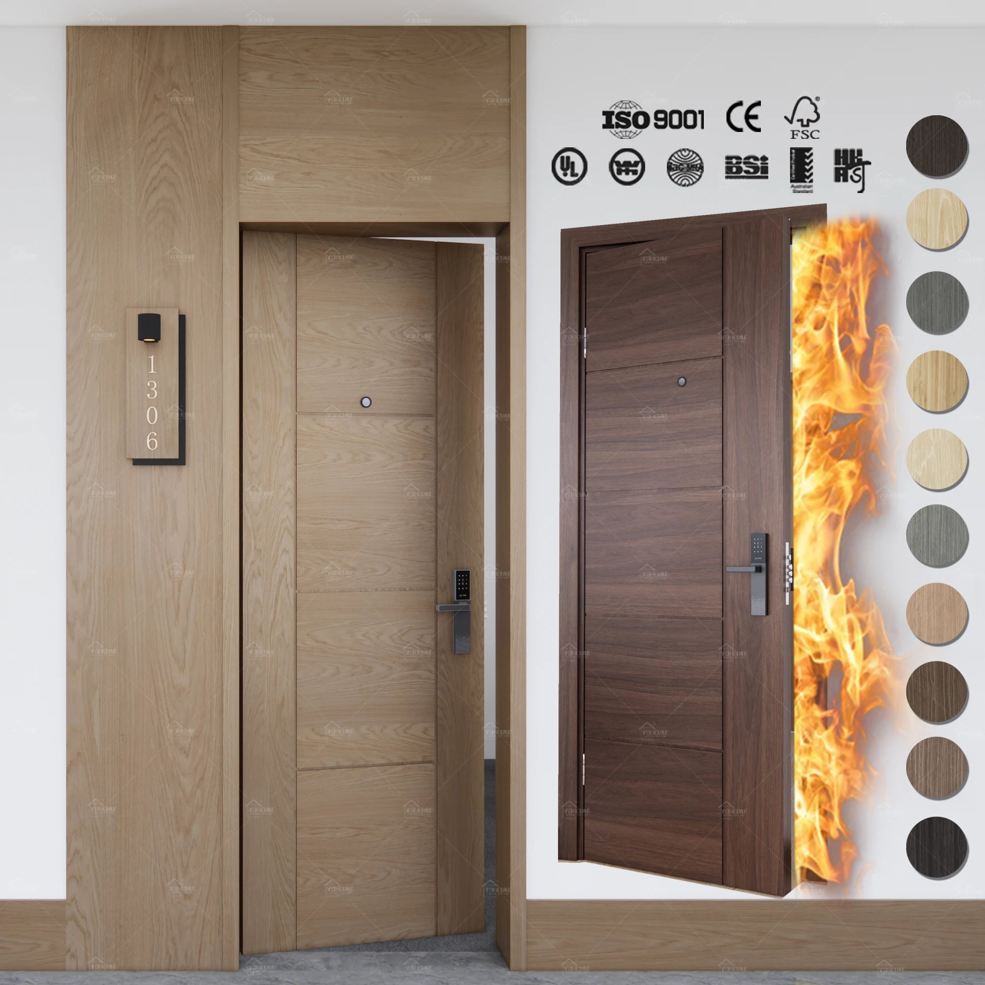 China Top Fire Door Factory 90 Minutes Modern Interior Fire Resistant Doors for Hotel Wood Foreign Fire Rated Doors with Frames