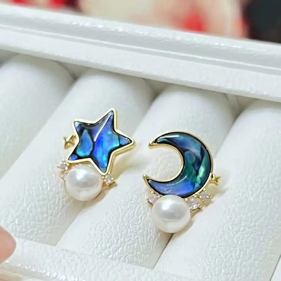 Colorful Abalone Shell Stud Earrings with Gold Plated White Freshwater Pearl Star Moon Design 5-6mm 1 Pair