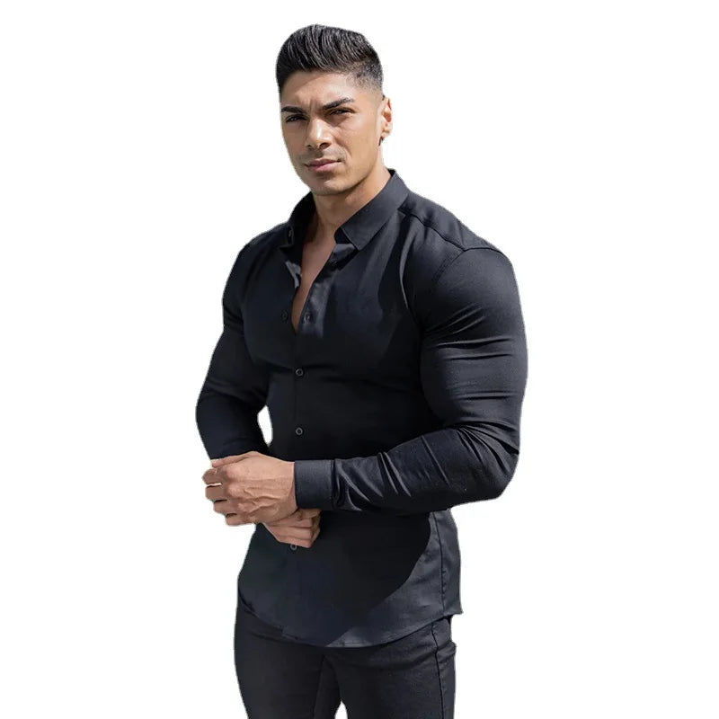 Autumn Fashion Long Sleeve Shirt Men Spring Super Fit Casual Social Business Soild Color Shirt Men Gym Fitness Sports Clothing
