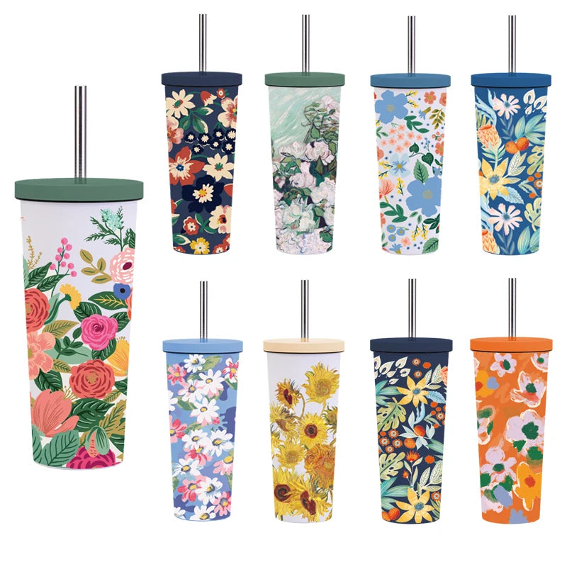 Large Capacity 830ml Thermal Tumbler with Large Holes Pearl Milk Tea Printed Stainless Steel Straws Water Vacuum Tumbler