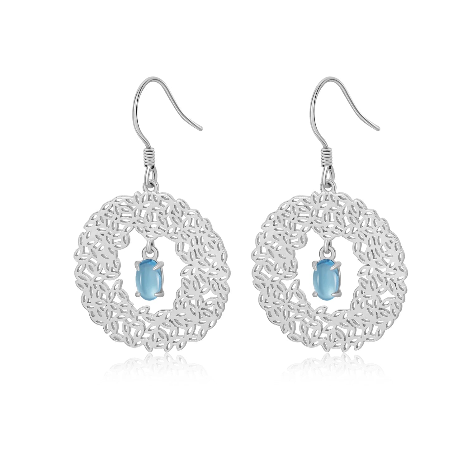 YBO Luxury Women's 925 Sterling Silver Drop Earrings Natural Blue Topaz Inlay Gold Plated Round Big Pendant for Weddings Parties