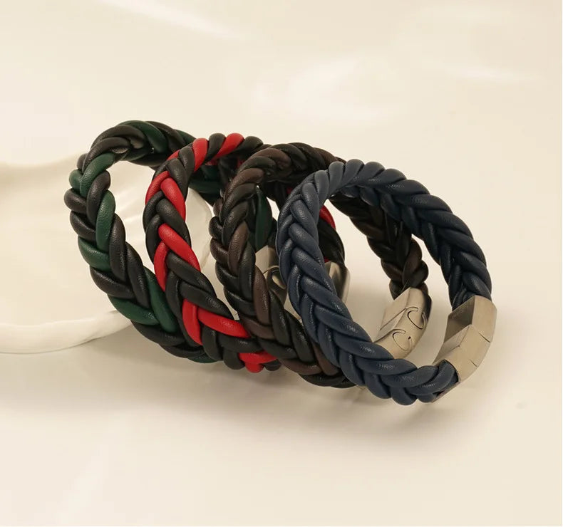 Wholesale New Braided Genuine Leather Men Unisex Stainless Steel Magnetic Clasp Gold Plated Beaded Cross Design Trendy Bangles