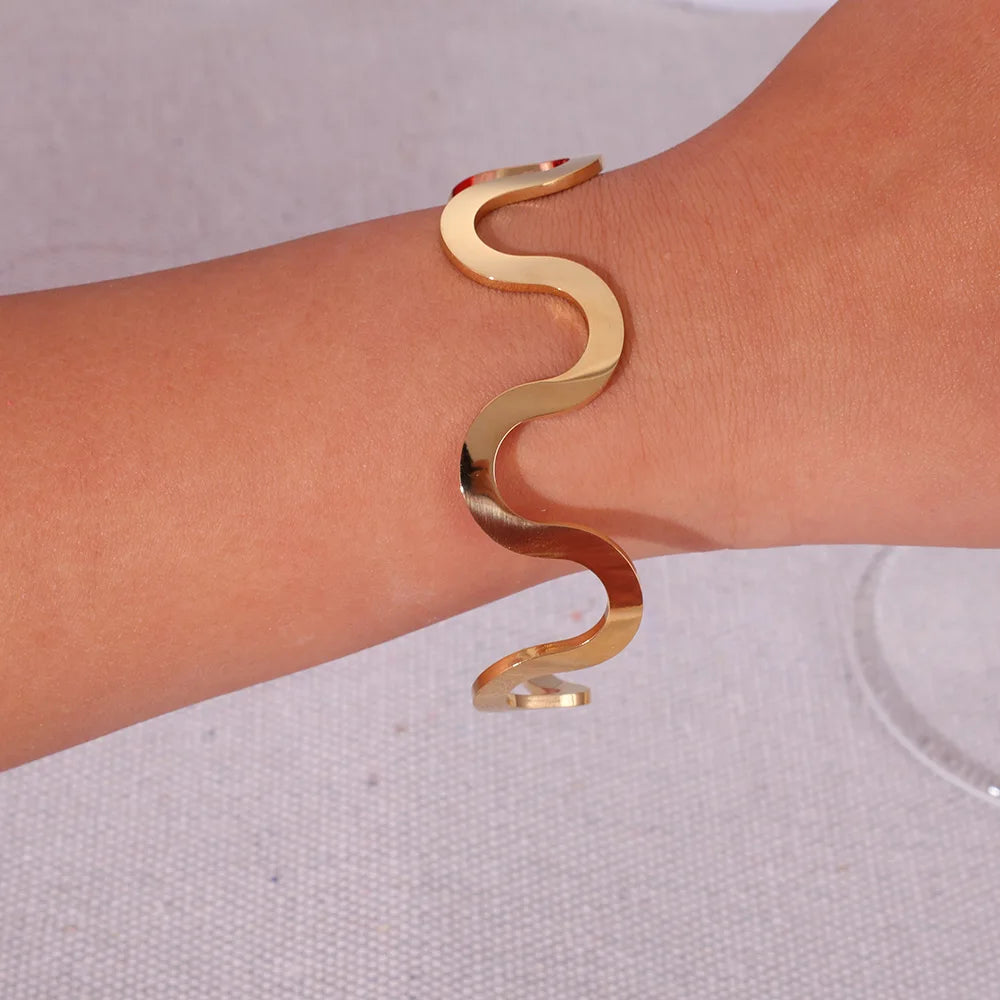 New Trendy 18K Gold Stainless Steel  Wave Cuff Open Bangle Female Fashion Jewelry Personalized Bracelets & Bangles