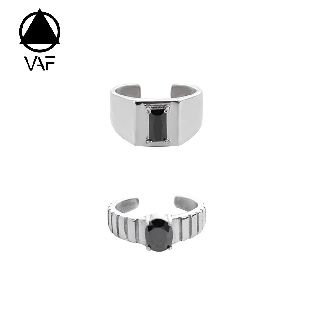 VAF Stainless Steel Black Zircon Gemstone Rings and Glossy Bar Open Bar Zircon Gemstone Wedding Couple Rings