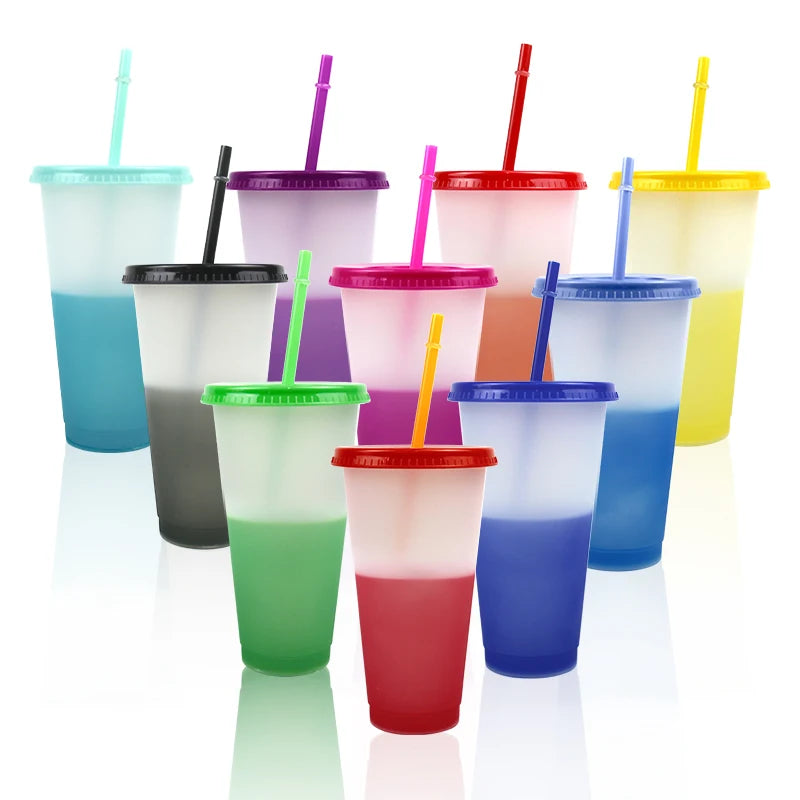 10pcs a Set Magic Cold Changing Plastic Water Color Changing Cups With Lids and Straws