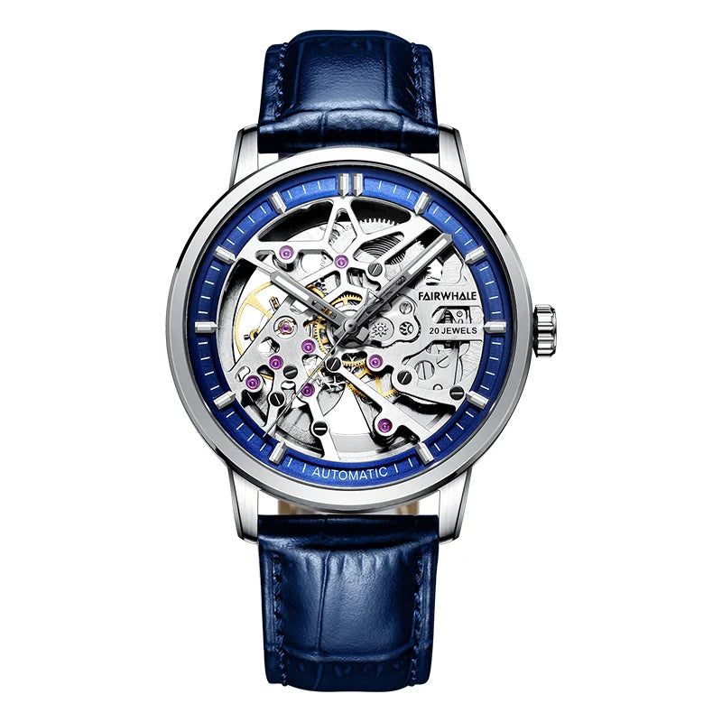 Luxury Custom Logo Fashion Automatic Watch for Mens With Blue Leather Strap Waterproof Mens Automatic Watch