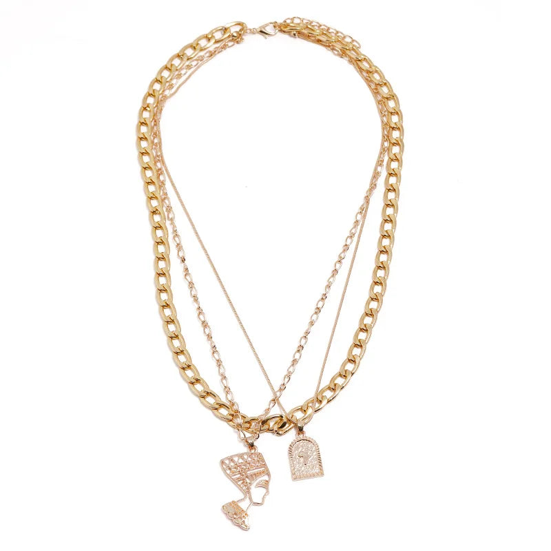 Dainty Layered Pearl Choker Necklace Retro Geometric Brand Hollowed Out Portrait Clavicle Fashion Gold Plated Jewelry for Women