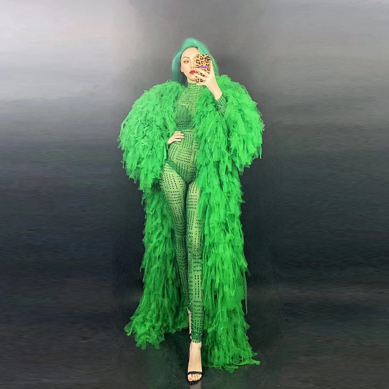 Women Green Perspective Bodysuit Fringed Coat Two Piece Set Hight Quality Clothes Nightclub Stage Dance Costume
