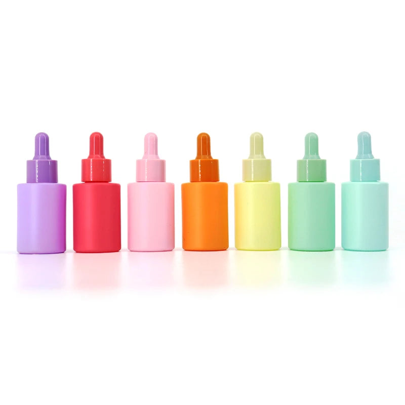 Fast Delivery Macaron Color 30ml Flat Shoulder Glass Serum Bottle Cylinder Shape Dropper Bottle  for Skin Care Packaging