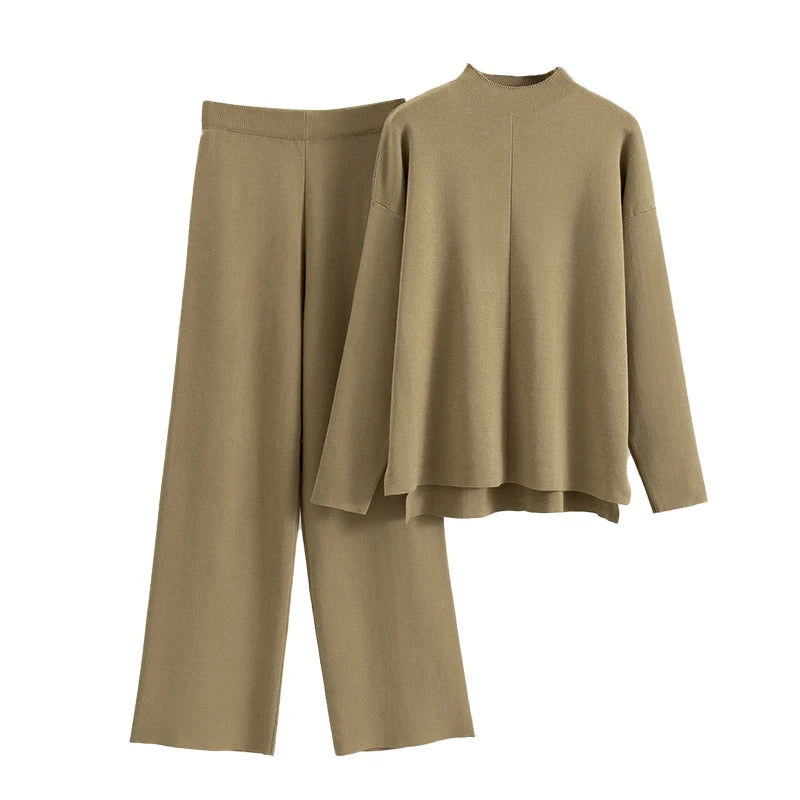 Spring and Autumn Solid Colour Knit Set Casual Loose Knit Pullover and Wide Leg Pants Set Knitted Two Piece Set for Women