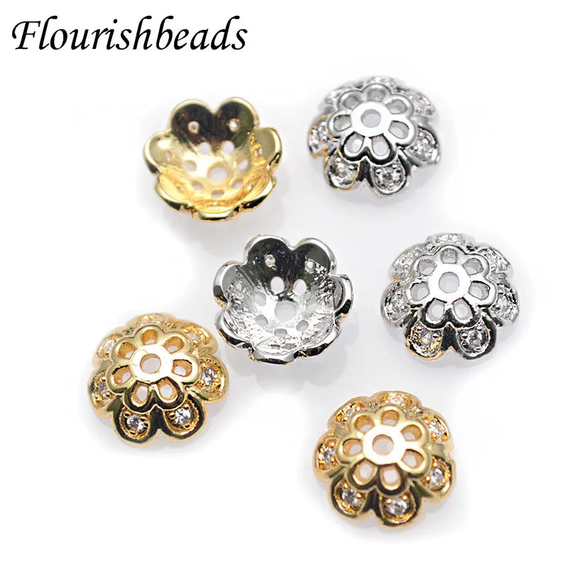 Gold Silver Plated 11mm Diameter CZ Setting Brass Hollow Flower Spacer Beads for DIY Findings