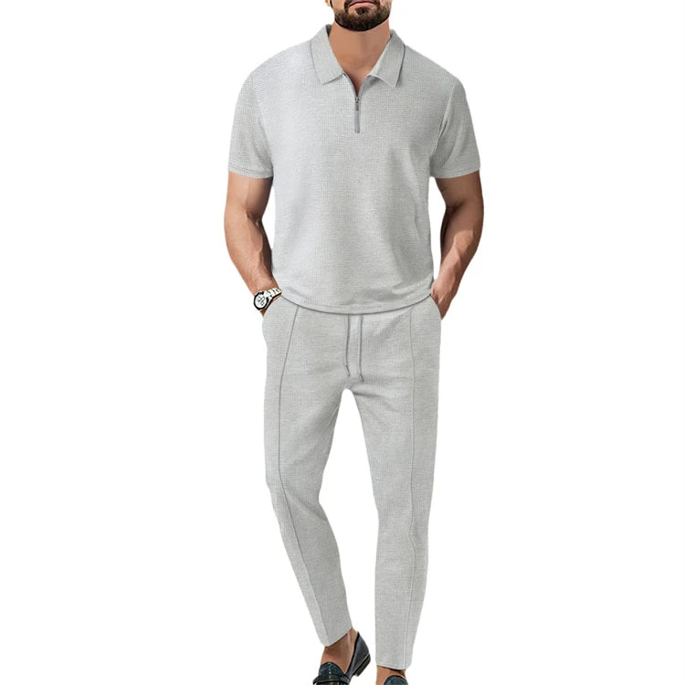 New European and American Foreign Trade Men's Solid Color Suit Waffle Collar Short-sleeved Zipper Pants Suit