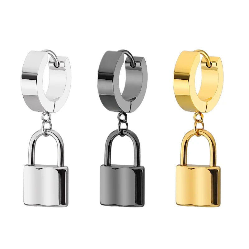 EKE046 Mini Hoop Ear Jewelry Lock Design 18K Gold Plated Drop Huggie Earrings with Stainless Steel Material
