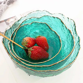Colorful Large Golden Edged Kitchen Household Fruit Salad Vegetable Glass Tableware Bowl