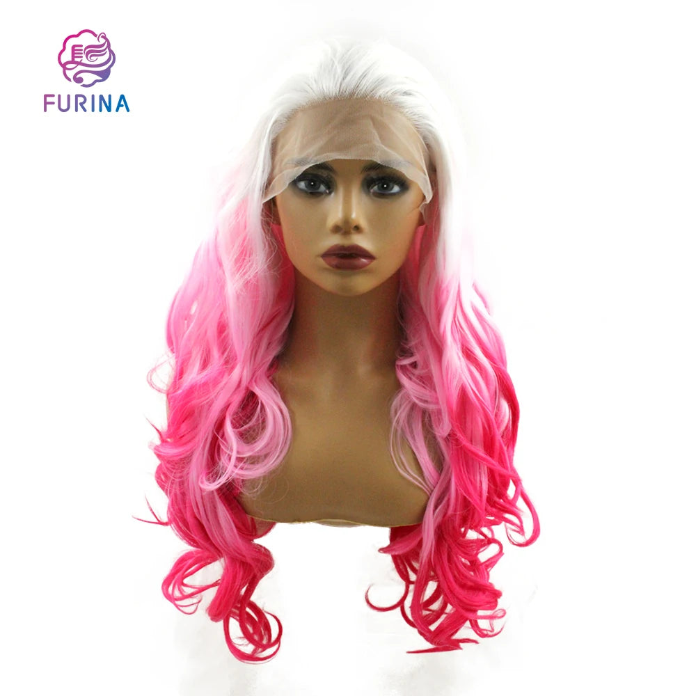 Manufacture Price 13*3 Heat Resistant Synthetic Lace Front Wig pink and White Ombre Wavy Wigs for Women