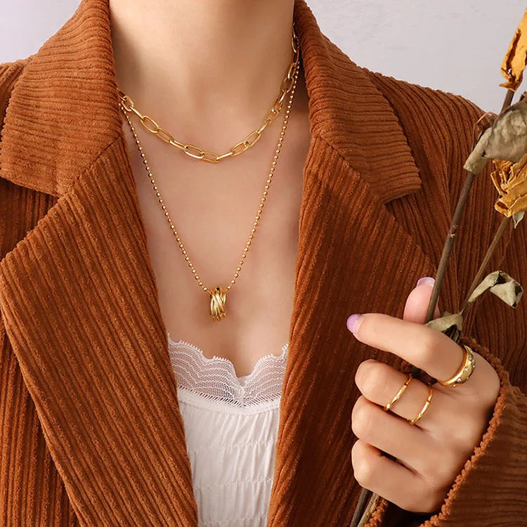 NS1228 Dainty Tarnish Free 18K IP Gold Plated Stainless Steel Paper Clip Chain Ball Chain with Circle Charm Layered Necklace