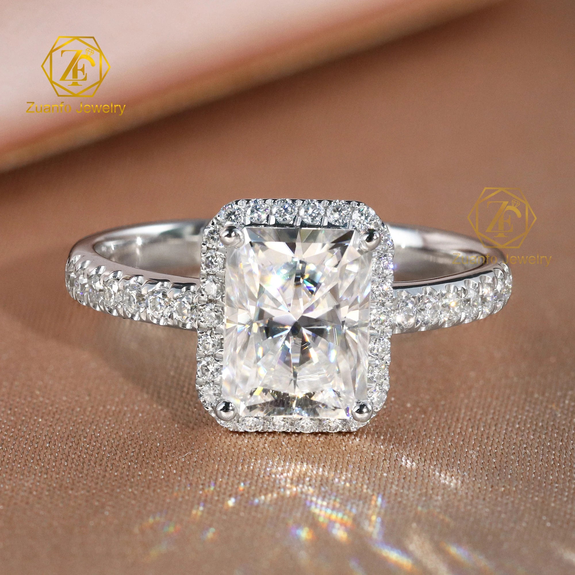 2ct Radiant Ice Crush Moissanite Halo Engagement Ring with Diamond Side Stone 14k White Gold for Women Fine Jewelry