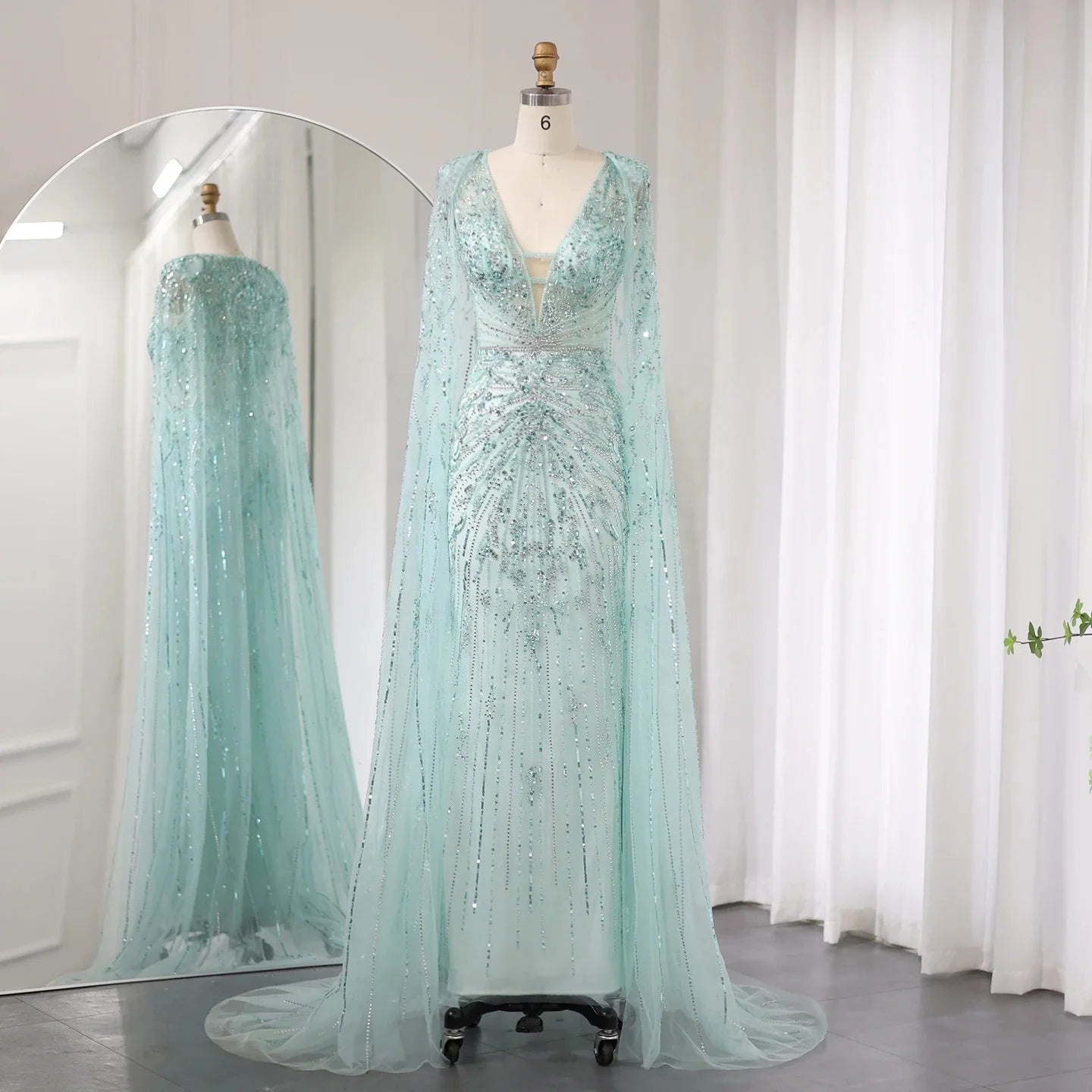For Jancember SZ397 Luxury Dubai Evening Dresses Turquoise Mermaid Style V-Neck Arabic Silver Grey Wedding Feathers Crystal