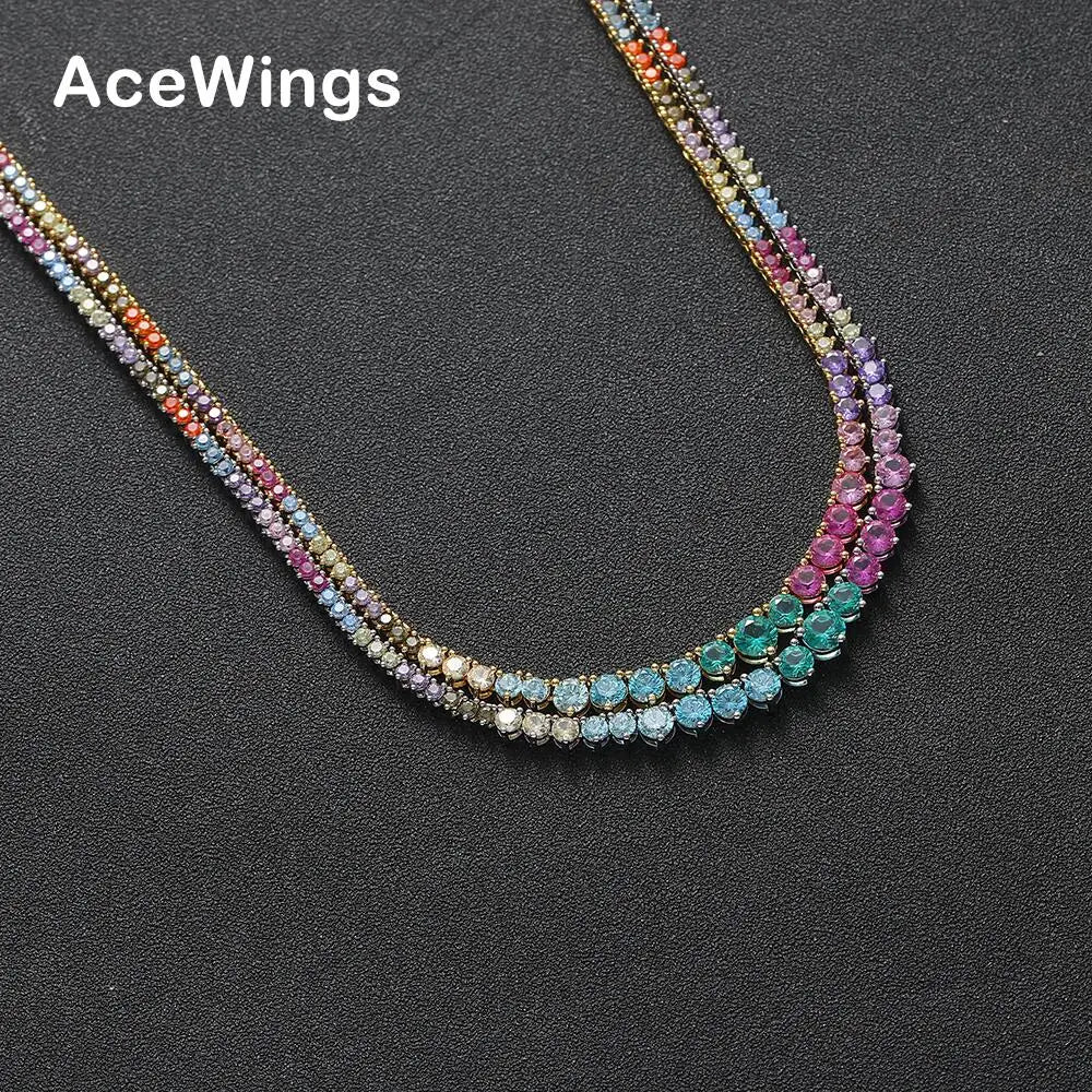 BC154  3 Prong Colorful Stone Brass Setting CZ Tennis Chain Necklace Gold/Silver Color Iced Out  Cubic Zirconia