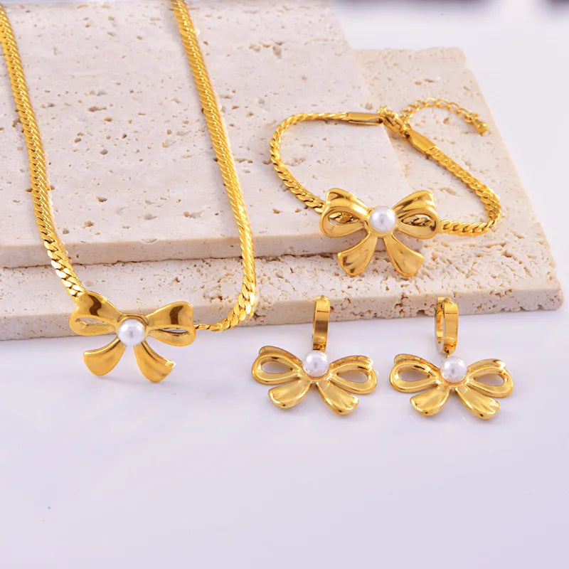 New Stainless Steel Pearl Bow Necklace Bracelet Earrings Set Women 18k Gold Plated Choker Jewelry Wholesale