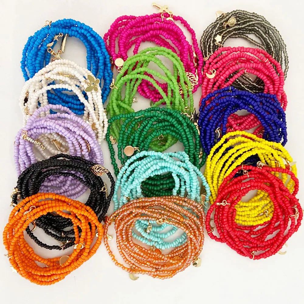 Big Weight Loss Body African Glass Seed Waist Belly Beads Beaded Layer Chain with Charm Bohemian Jewelry Elastic Cord 140cm