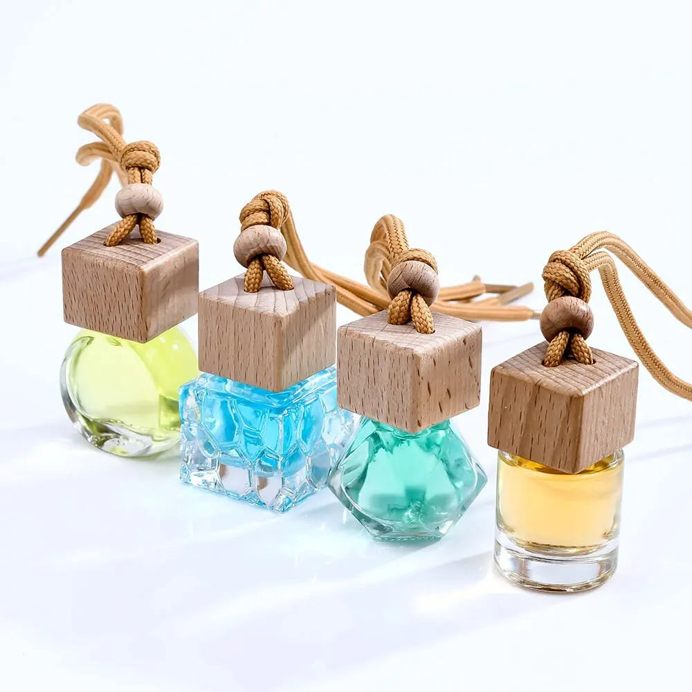Empty Clear Wood Hanging Car Aroma Diffuser 8ml 10ml air Freshener Cube Frosted Car Hanging Perfume Bottle With Wood Cap