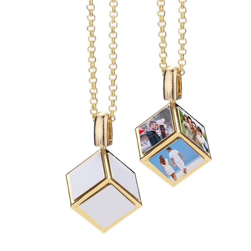 New Arrival DIY 3D Cube Photo Frame Necklace Sublimation Dice Cube Necklace with 6 Inserts