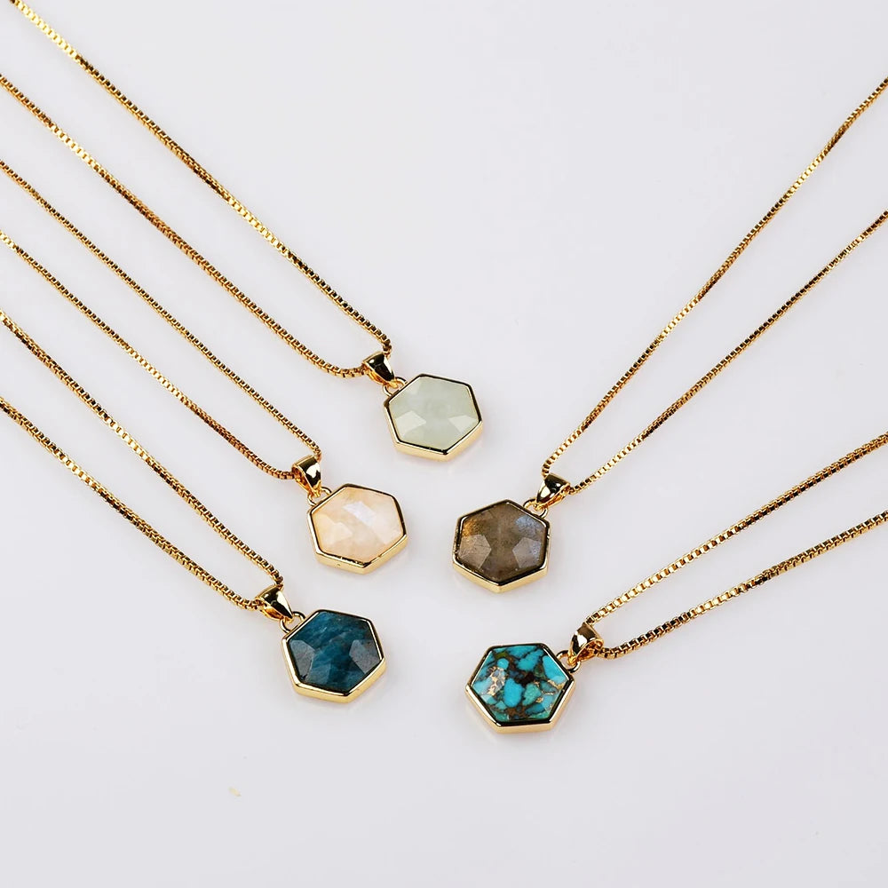 JD014 Natural Moonstone Box Chain Gold Filled Necklace Hexagon Crystal Choker Necklace