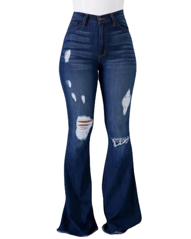 Factory Direct Sale Womens Clothing High Elastic Pants Hole Ripped Ladies Trousers High Waist Women Flared Jeans