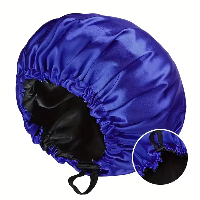Custom Logo Designer Women Sleep Cap Adjustable Double-Layer Reversible Imitated Silk Satin Hair Bonnets with Elastic Strap
