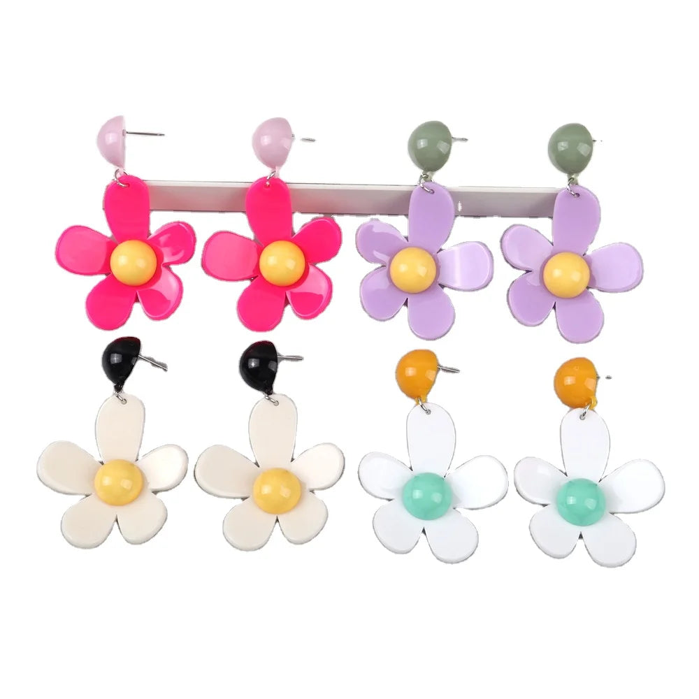 Korean Fashion Flower Jewelry Colored Resin Accessories Cute Floral Pendant Simple Daily Acrylic Drop Earrings for Women