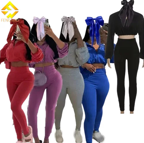 Fall 2024 Women Clothes Sweatsuit Crop Jacket Top Jogger Set With Bows Custom logo Long Sleeve Tracksuits for Woman