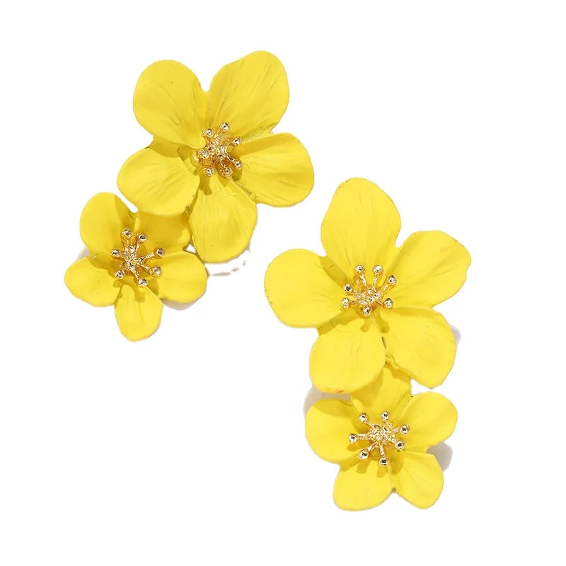 Korean Big Double Flower Drop Earrings Summer Beach Party Metal Statement Earring for Woman Fashion Jewelry Girl Gift