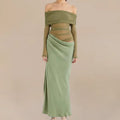 New Design Knitted Off  Shoulder Lady Solid Color Long Sleeve Elegant Slim Midi Casual Dress