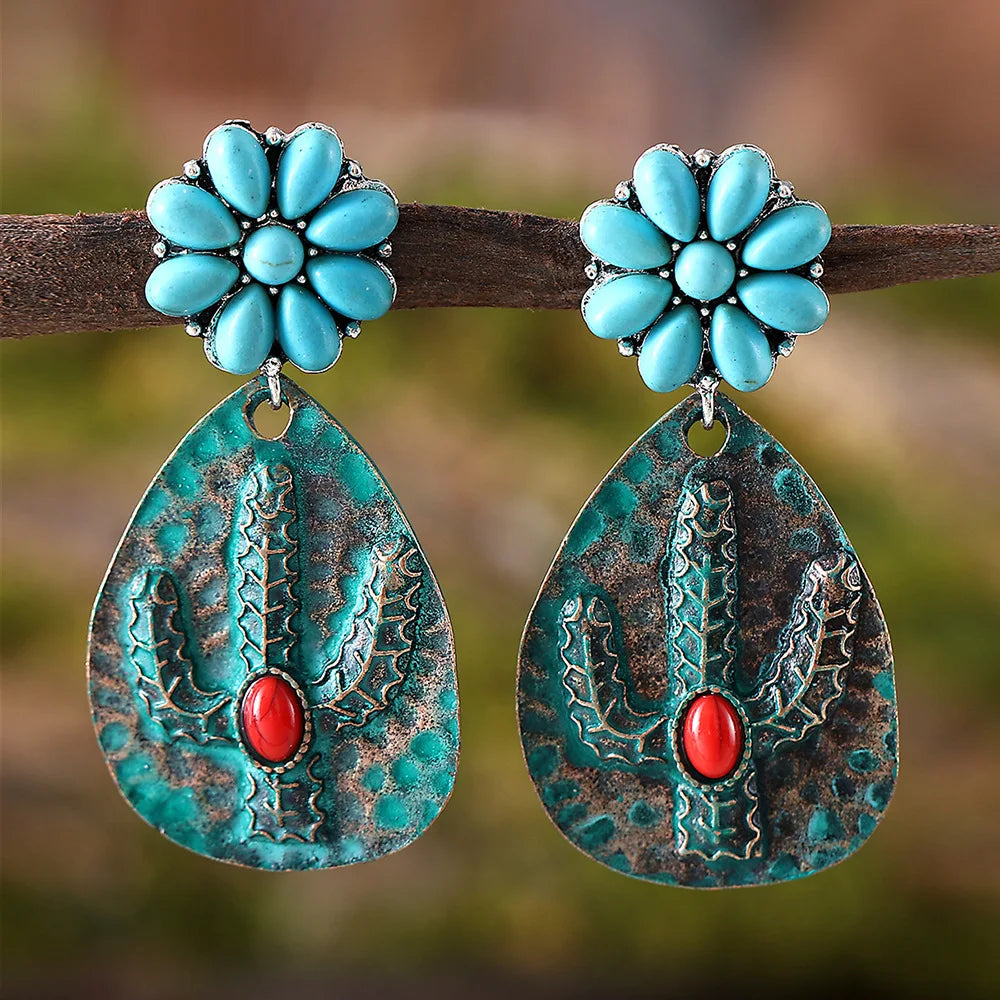 Cacti Succulent Jewelry Western Cactus Faux Turquoise Stone Pendant Dangle Drop Earrings 5*2.5cm Turquoise Cactus Earrings
