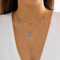 Vintage Bohemia Triple Layer Cross Blue Eyes Layered Necklace Stainless Steel 18K Gold Plated Pendant Necklace Gift for Unisex