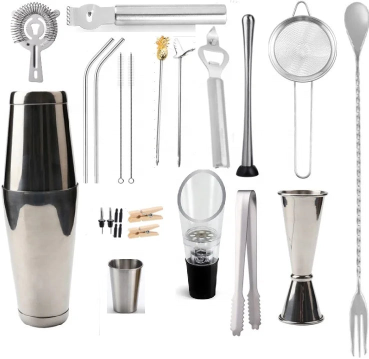 23 Pieces Hot Sell Matt Black Stainless Steel Cocktail Shaker Set Stylish Bamboo Stand 700ml Capacity Eco-Friendly Bar Tools