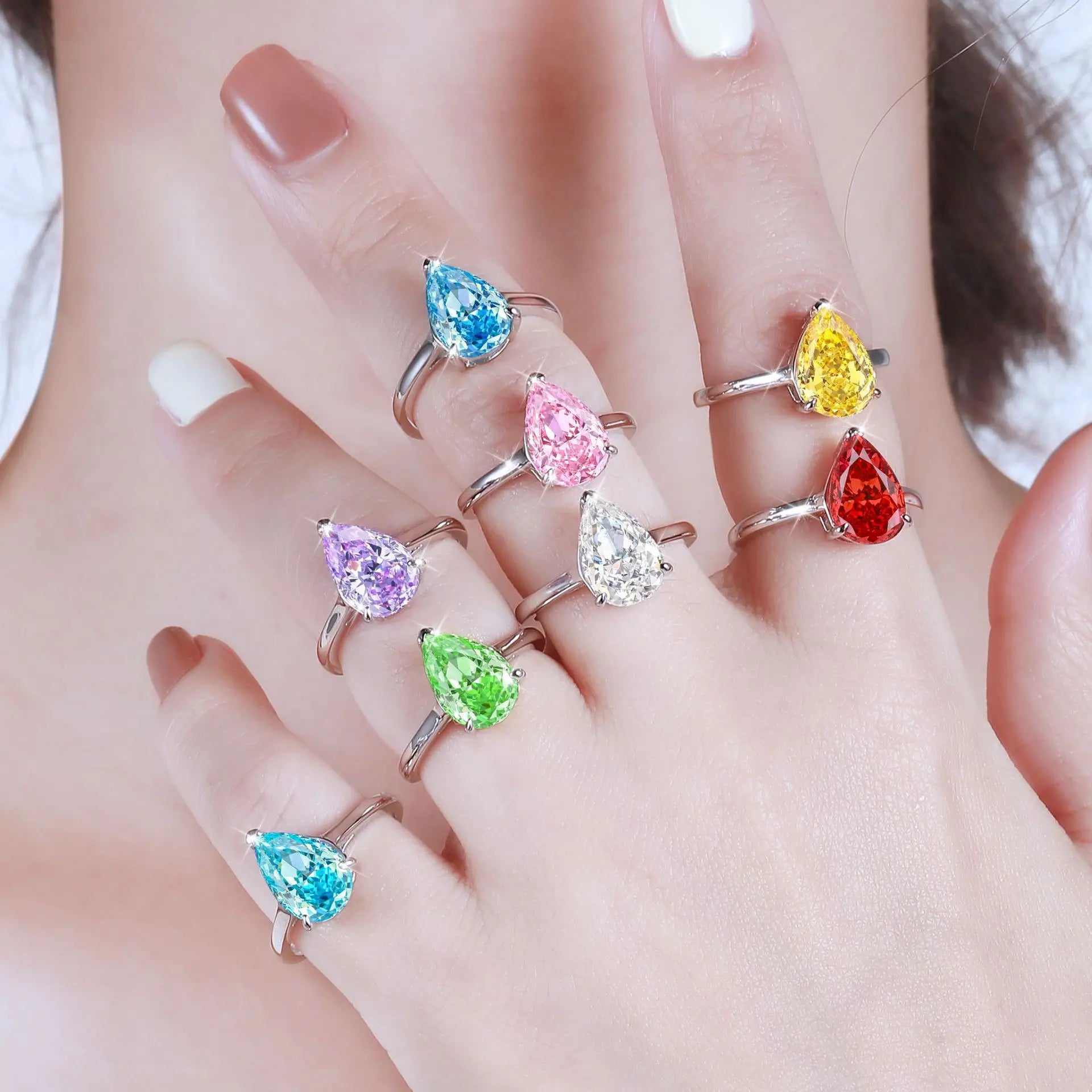 Fashion 925 Sterling Silver Jewelry 4ct Zircon Color Ice Flower Cut Teardrop Ring 8*12 High Carbon Diamond Women's Ring