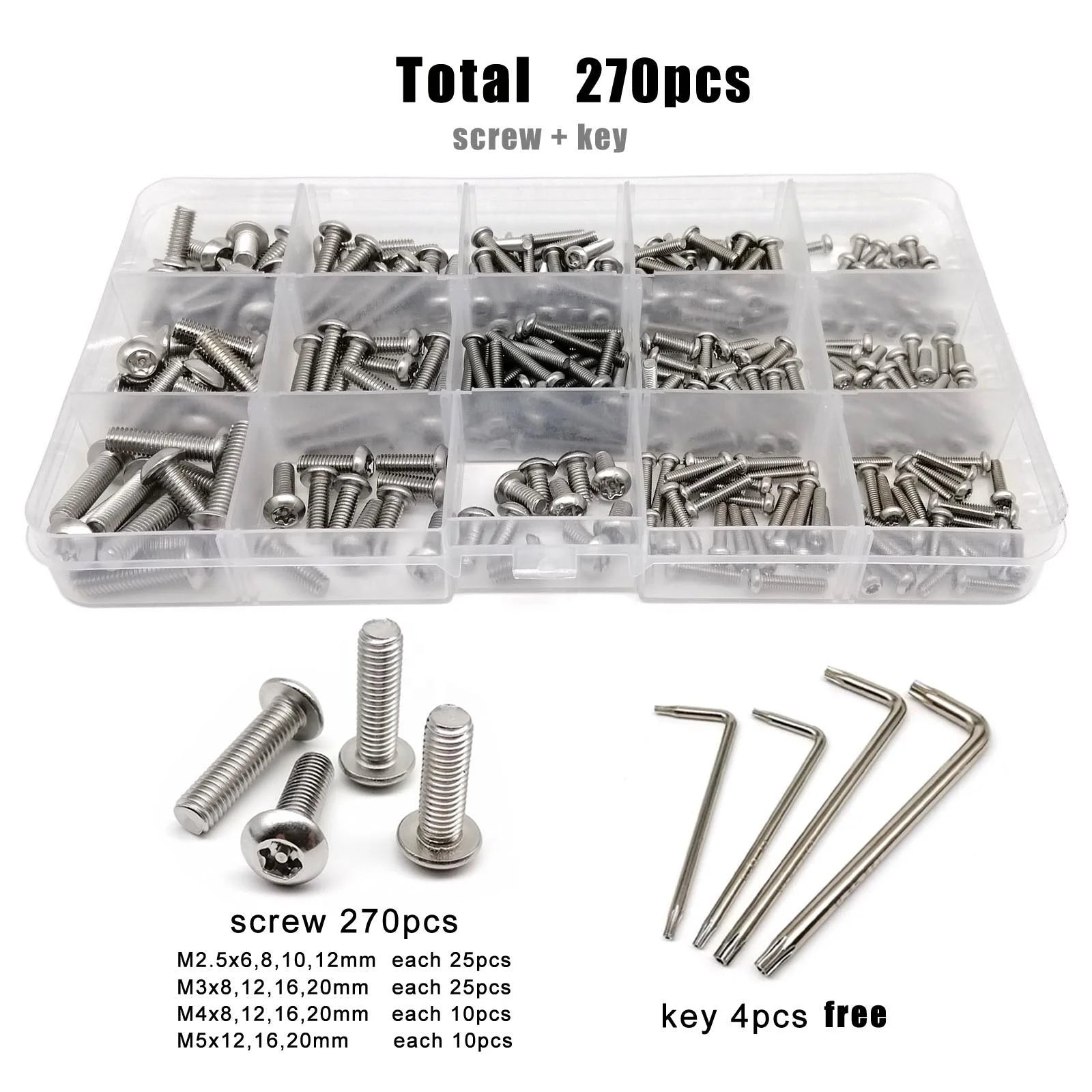 270pcs/box M2.5 M3 M4 M5 Mix Size 304 Stainless Steel Column Pin Torx Button Round Head Anti-theft Security Screw Bolt