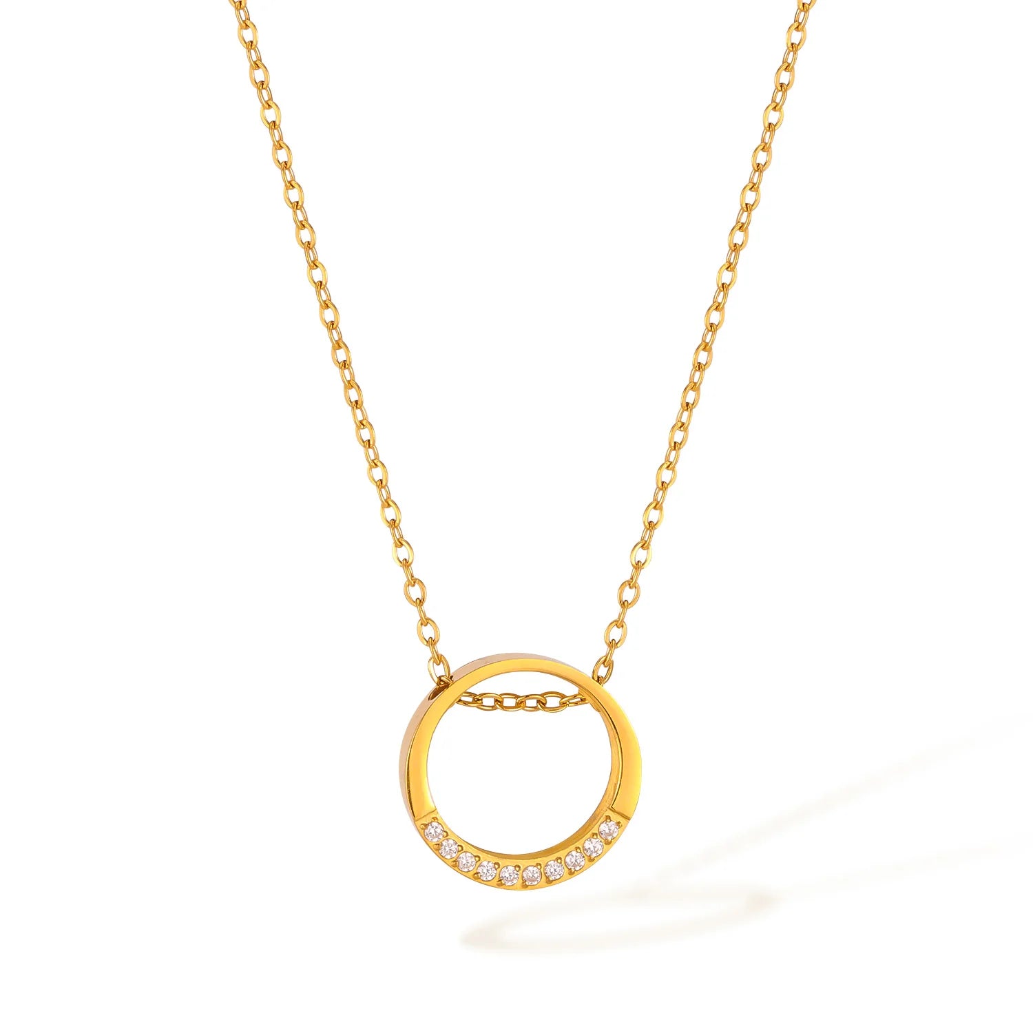 New Arrival 18K Gold Plated Hollow Zircon Pendant Necklace Classic Style Stainless Steel Oval Link Chain Women Wedding Party