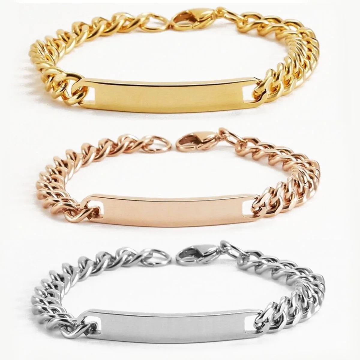 Waterproof Engraveable ID Bracelet Mens Jewellery Cuban Chain 18k Gold Plated Stainless Steel Customized Name Bar ID Bracelet