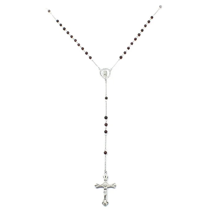 Natural Stone Rosary Catholic Necklace with Maria Center Piece and Cross 925 Sterling Silver Necklace