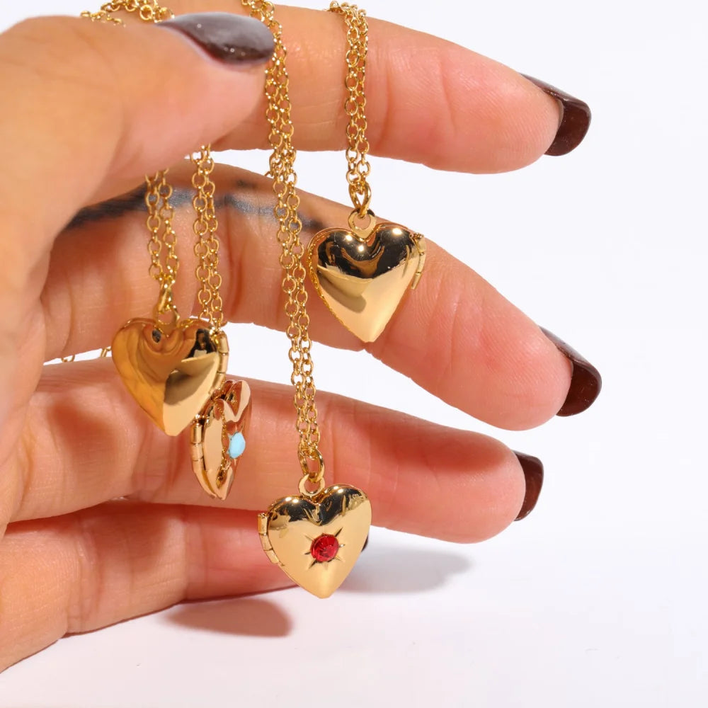 Brass Gold Plated Chain 12 Month Birthstone Heart Necklace Gift Love Heart Opening Album Necklace