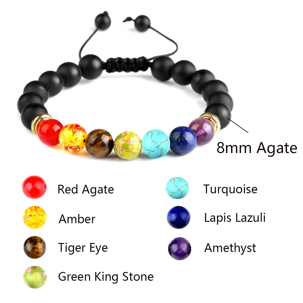 Lava Tiger Eye Agate Lapis Stone Adjustable Natural Beaded Cord Braided Yoga 7 Chakra Bracelet