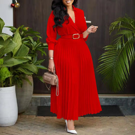 2025 Wholesale Ladies Long Dress With Belt Women's Clothing Party Pleated Dress Long Sleeve Women's Dresses