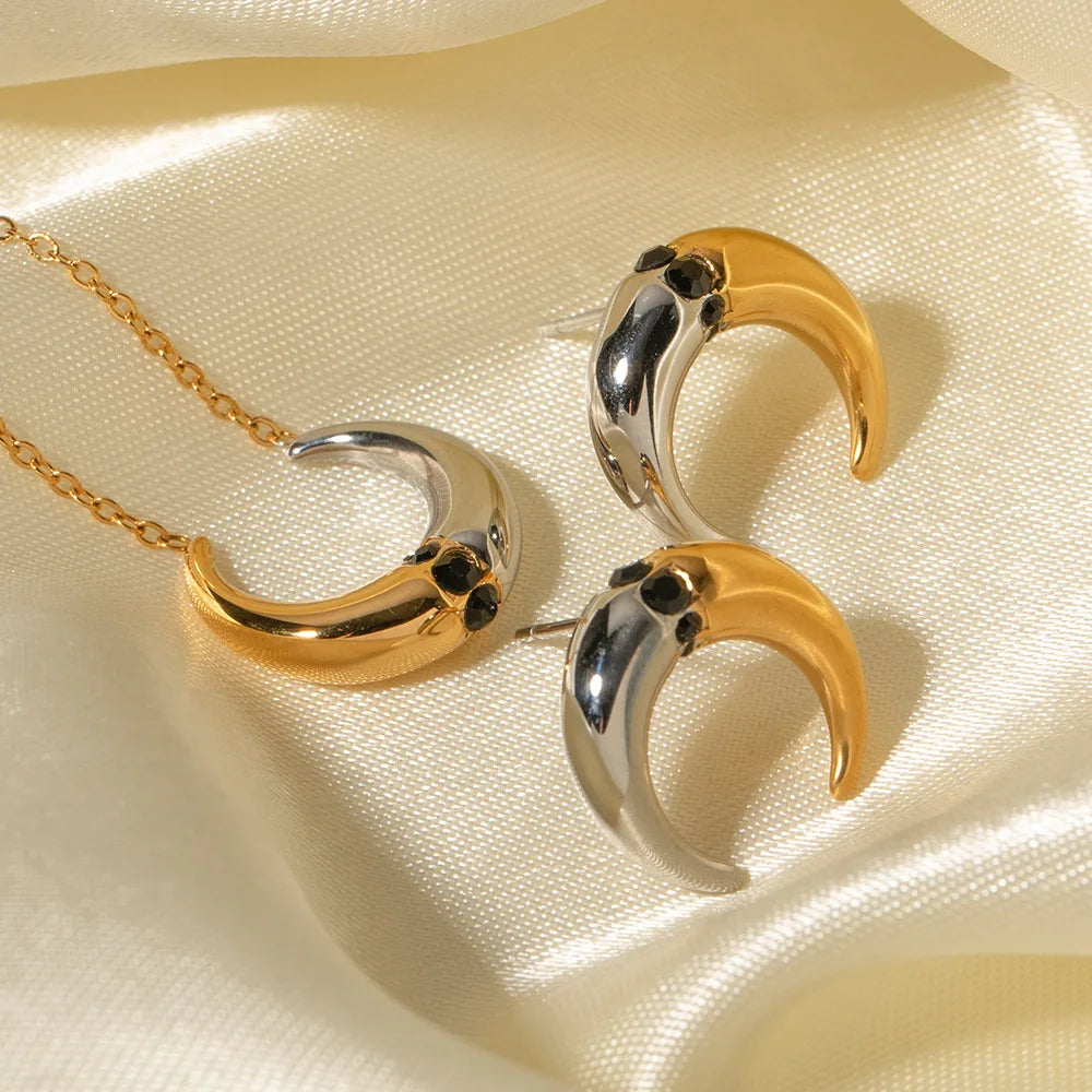 Stainless Steel C-Shaped Stud Earrings PVD Gold Plated Mixed Color Splicing Moon Black Zircon Pendant Necklaces Jewelry Set