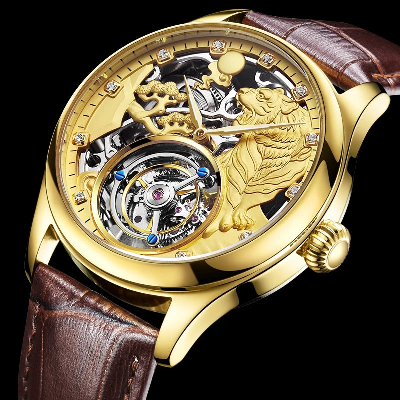 Factory Wholesale Custom Logo Men's Tourbillon Watch 316L Steel Sapphire Relief Zodiac Tiger Design Minimalist